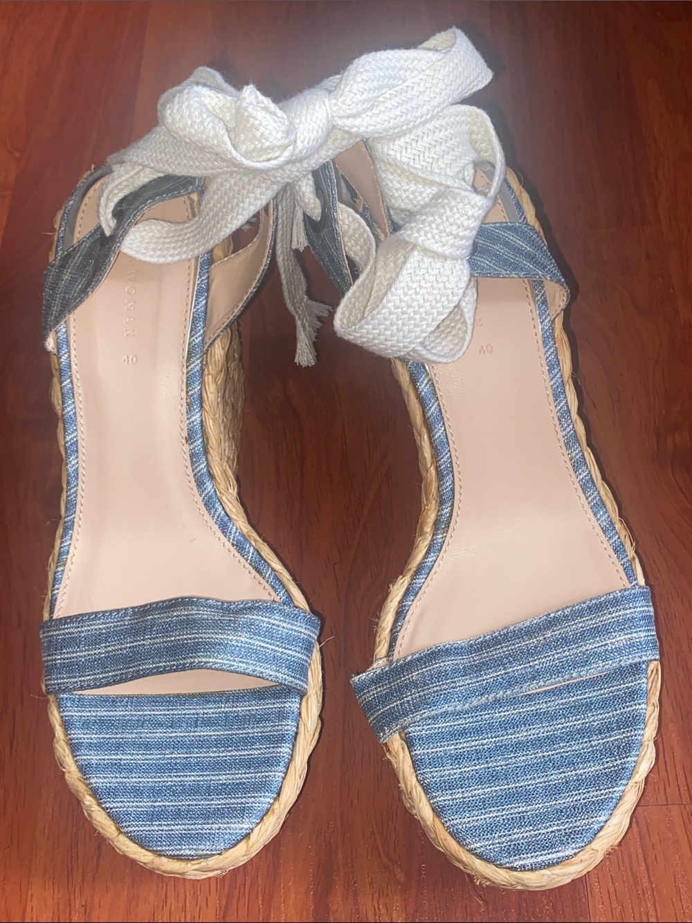 Zara Blue Striped Espadrille Wedge Sandals with Cream Ankle Ties Size 9 - Picture 4 of 8